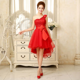 婚纱礼服2015新款韩式时尚红色单肩短款修身显瘦伴娘晚礼服