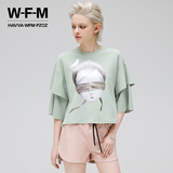 W－F－M夏装欧美时尚七分袖气质雪纺衫印花短袖上衣女装宽松H6273