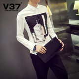 V37韩版潮流衬衣修身复古印花寸衫 2016春秋新款男士拼接长袖衬衫