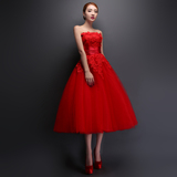 2015冬新款时尚韩版结婚新娘孕妇抹胸立体花朵婚纱礼服中长款红色