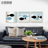 现代客厅装饰画沙发墙画动物卡通鱼儿童房卧室抽象艺术画三联挂画