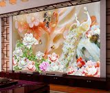 孔雀牡丹图花卉富贵墙纸壁纸中式电视背景墙画3d立体壁画大型无缝