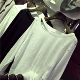 2016春季新款 韩版时尚特色宽松版领口割破破洞长袖竹节棉T恤女