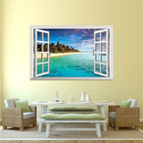 3D立体墙贴假窗户浪漫山水海滩沙滩客厅房间装饰贴画卧室墙纸壁画