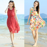 飘逸海边度假沙滩裙短款波西米亚背心裙红色波点无袖雪纺连衣裙夏