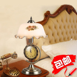 仿古美式台灯卧室床头灯复古中式带钟表可调光装饰玻璃客厅老上海