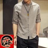 衬衫男士韩版修身亚麻衬衣七分袖 夏季复古青年半袖大码衣服寸衫