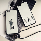 原创简单黑白Iphone6splus硅胶套挂脖绳子苹果5s全包边手机壳猫咪