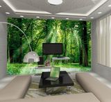 无缝大型壁画3d立体树林风景画电视客厅背景森林墙纸壁纸绿色护眼