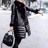 欧洲2015冬装欧货站新款女装保暖修身中长款时尚拼皮羽绒服外套潮