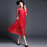 欧洲站2015秋装新款欧美修身中袖长裙睫毛红色蕾丝连衣裙中长款女