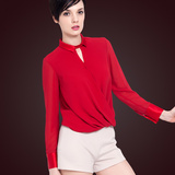 新廓型雪纺上衣女夏欧美时尚女装不规则v领修身衬衣红色长袖衬衫