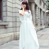 2016新款夏装甜美白色雪纺连衣裙 复古显瘦仙女飘逸演出服长裙女