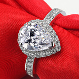 粉钻3克拉经典款拉梨型水滴钻戒925纯银镶钻钻石戒指结婚订婚女