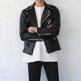 韩国正品代购男士个性拉链拼接型男百搭PU质感修身机车服夹克外套