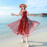 泰国代购雪纺印花沙滩裙修身吊带波西米亚长裙海边度假显瘦连衣裙