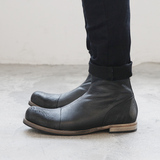 日本原单男鞋 2015日系复古做旧真皮马丁靴 简约舒适拉链套筒男靴