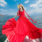 红色V领大码系带超大摆仙女气质雪纺连衣裙长裙 波西米亚海边度裙