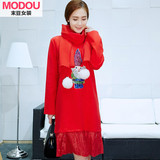 红色连衣裙2016春装新款韩版中长款直筒显瘦打底蕾丝拼接裙子卡通