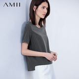 Amii极简2016夏女新品竖条纹圆领短袖大码休闲T恤衫短款女装上衣