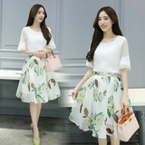 2016夏季韩版女装新款两件套短袖欧根纱雪纺印花半身短裙连衣裙子