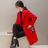 女士大衣中长款2015韩版冬新款红色直筒显瘦毛呢外套女小香风呢子