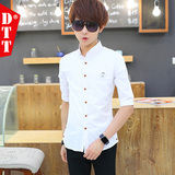 男士短袖衬衫韩版修身青少年纯色五分袖衬衣半截袖白色中袖寸衫夏