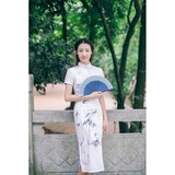 中式复古民国风手绘亚麻长旗袍修身显瘦日常少女棉麻旗袍连衣裙