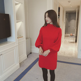 2016秋冬新款韩版女装宽松灯笼袖毛衣半高领加厚中长款针织打底衫