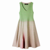 夏季新款渐变色绿色V领长款无袖背心针织衫连衣裙唯美大摆裙