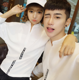 情侣装2016夏季新款韩版修身大码短袖T恤男女V领九分袖上衣女学生