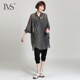 IVS2016夏季新款宽松大码灰色七分袖衬衣 蝙蝠袖中长款雪纺衬衫女
