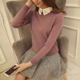 秋冬韩版女装气质款钉珠衬衫领假两件针织衫纯色套头修身打底毛衣