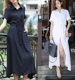 韩版2015夏季新款宽松衬衫连衣裙短袖系带收腰时尚修身长裙女装潮