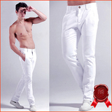 夏季新款韩版男士白色裤子牛仔裤男款修身弹力纯棉长裤纯白色男裤