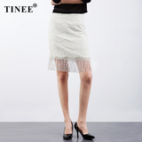 Tinee 2016夏季新款流苏下摆蕾丝包臀裙 夏装白色a字半身裙 中裙