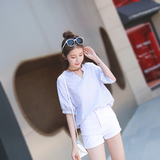 2016夏季韩版新款V领宽松显瘦简约修身条纹棉质中长款短袖衬衫女