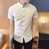 夏季新款短袖衬衫男士韩版修身潮流男装青年休闲格子衬衣英伦上衣