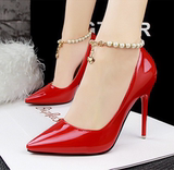 春季女士超高跟鞋2016新款细跟浅口一字扣带单鞋珍珠水钻红色婚鞋