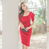 2016新款夏装连衣裙红色性感女装包臀修身气质OL优雅名媛优雅韩版