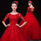 婚纱礼服新款2015秋冬季新娘复古宫廷蕾丝一字肩齐地红色中长袖