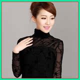 2016春装新款韩版蕾丝打底衫 大码女装网纱长袖立领高领镂空小衫