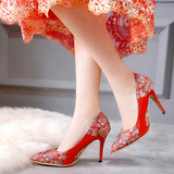 春季夏秋冬复古中国风婚鞋高跟鞋细跟尖头单鞋女伴娘鞋新娘鞋红色