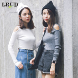 LRUD2016秋季新款韩版纯色露肩针织衫女修身弹力套头长袖薄打底衫