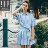 YEP2016夏季新款女装韩版高腰收腰显瘦蝙蝠袖a字裙衬衫牛仔连衣裙
