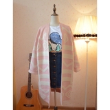 韩国代购甜美粉色几何图案宽松大码中长款针织开衫女加厚毛衣外套