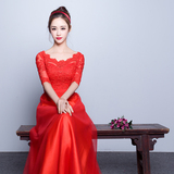 新娘敬酒服2016春季新款韩式一字肩红色修身长款宴会晚礼服连衣裙