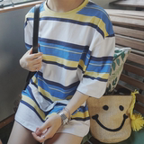 夏季韩版学生大码原宿bf风彩色条纹拼接宽松中长款短袖t恤裙子女