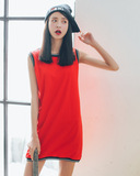 2016最新款女装连衣裙外贸原单短裙圆领纯色SSMY红色白色拼接单件