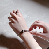 chiclife925纯银韩国戒指黑玛瑙链条不对称复古泰银手链开口戒女